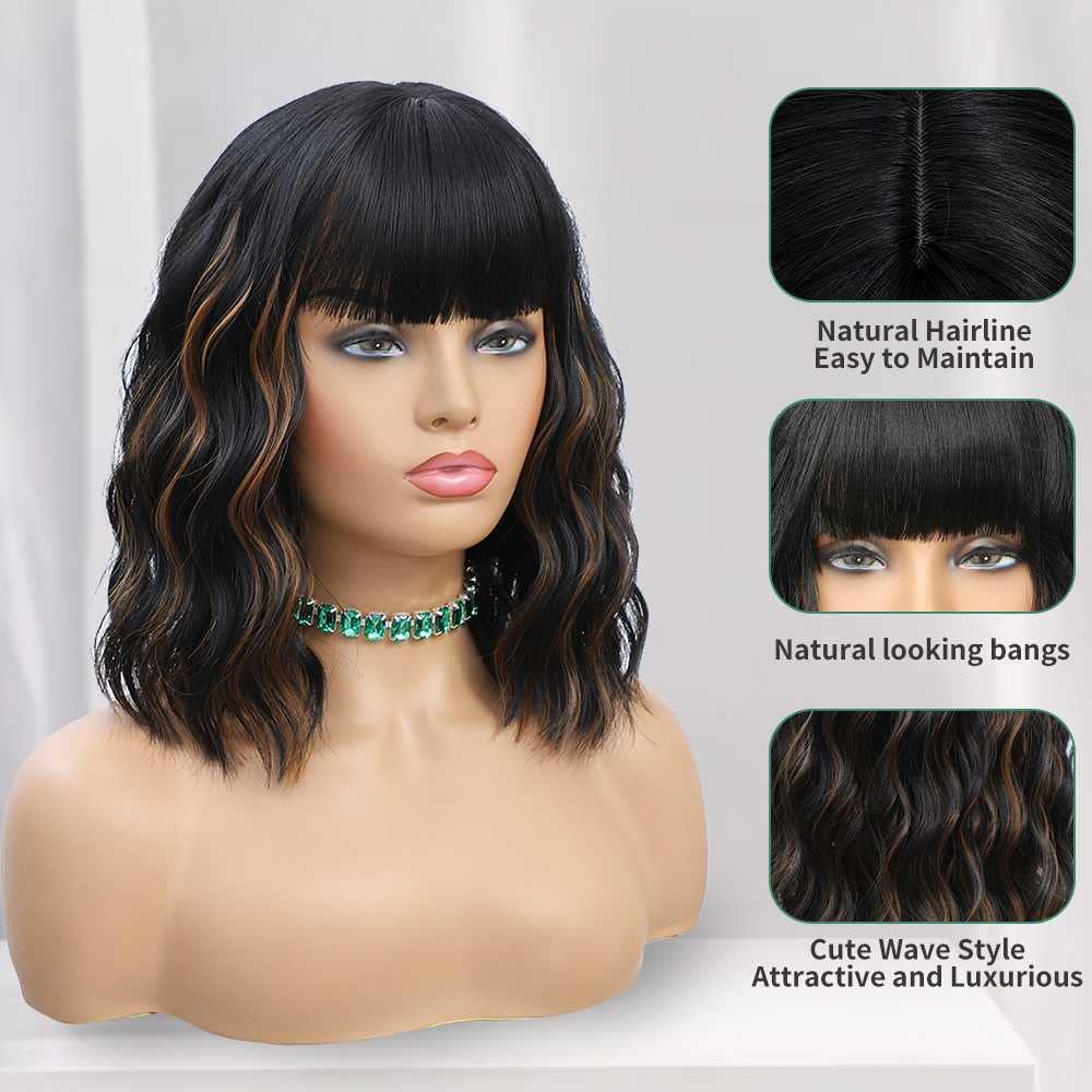 14 Inch Black Mixed Brown Highlights Wigs for Women Short Wavy Curly Wig With Bangs Natural Looking Synthetic Hair Wigs Heat Resistant Fiber Wig for Daily Party (Black Mixed Brown)