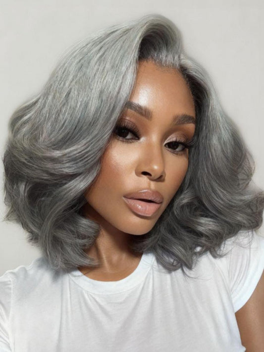 Nadula 8inch Short Salt and Pepper Glueless Side Part Grey Wig Human Hair with Blowout Face Framing Layers, 6x1.5 T Part Lace Closure Wig Pre Plucked Bleached Knots Ready to Go Short Wavy Bob Wig