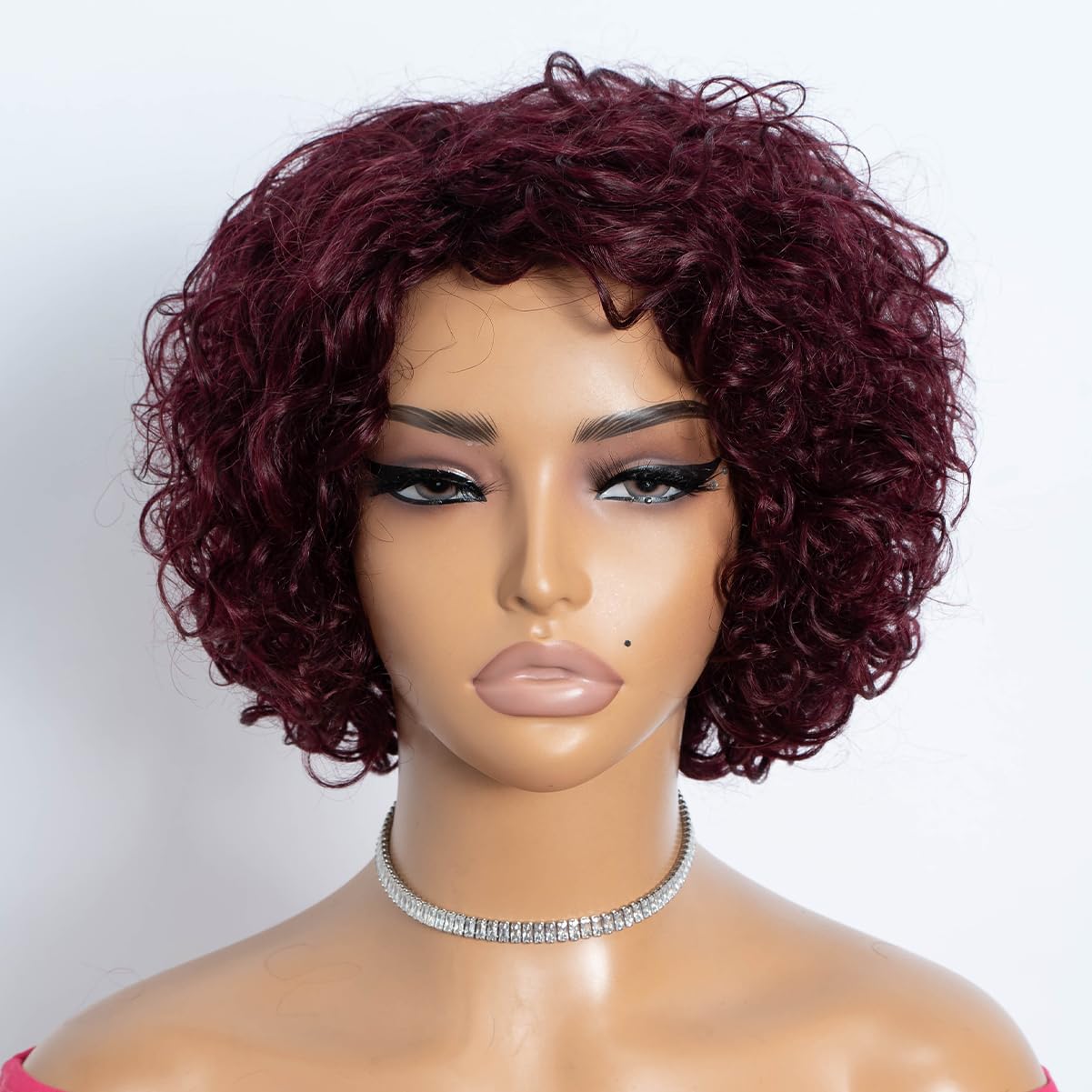 Rebecca Fashion 99J Burgundy Short Curly Human Hair Wigs for Black Women Cute Curly Bob Wig Side Part Non Lace Glueless Wigs Brazilian Remy Natural Looking