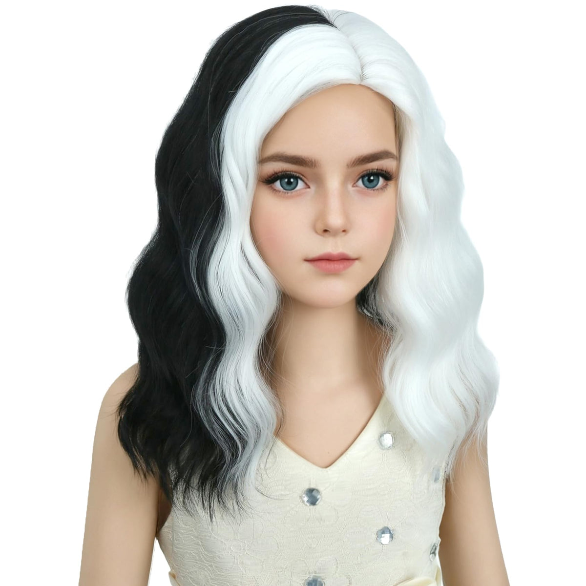 DUDUWIG Girls Black and White Wig Kids Short Half Black and Half White Wavy Curly Bob Wig Children Black White Wig for Halloween Cosplay