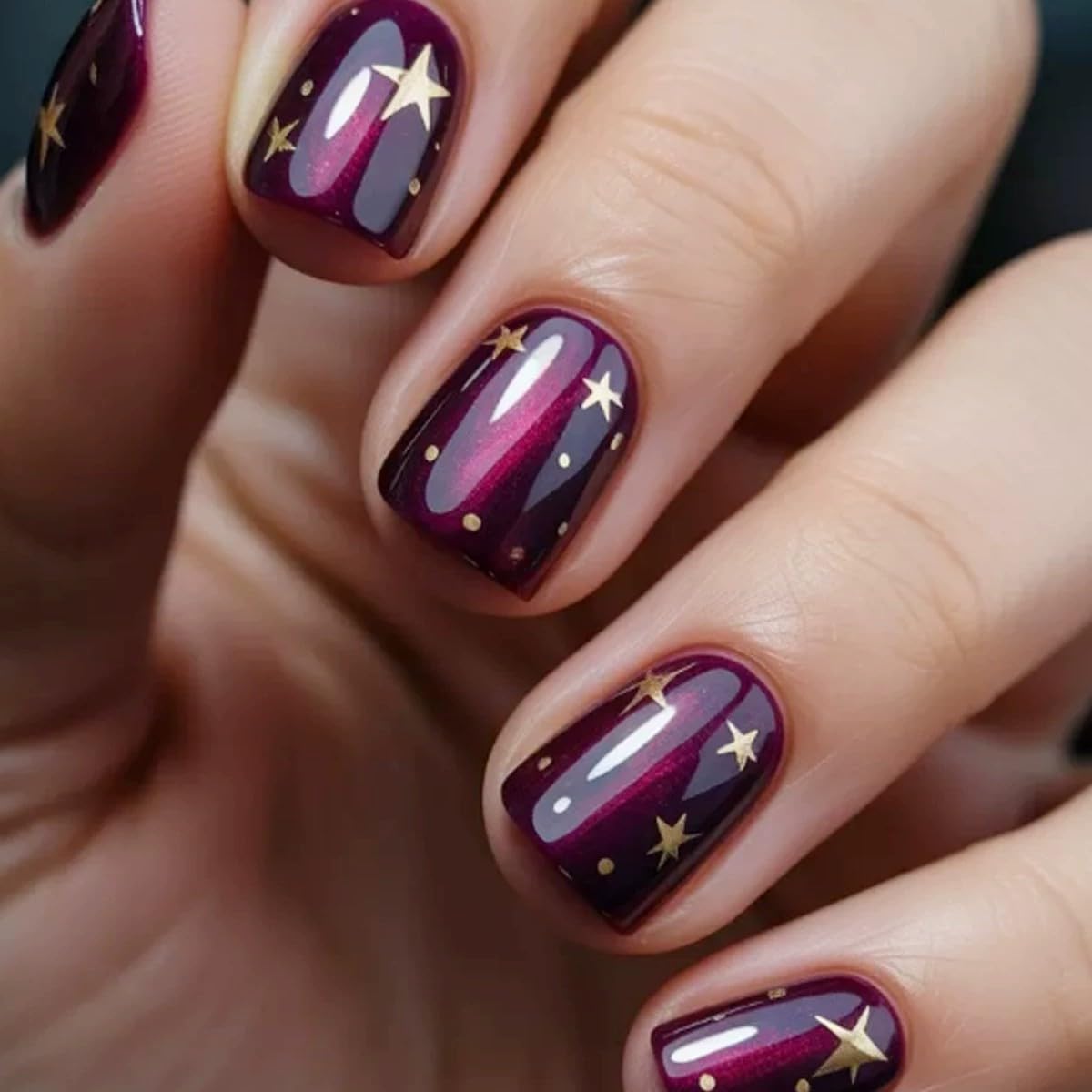 Short Square Press on Nails Fake Nails with Designs Glossy Purple Polka Dot Golden Star Pattern Acrylic Gel False Nail Kit Full Cover Reusable Artificial Stick on Nails for Women Manicure Decorations