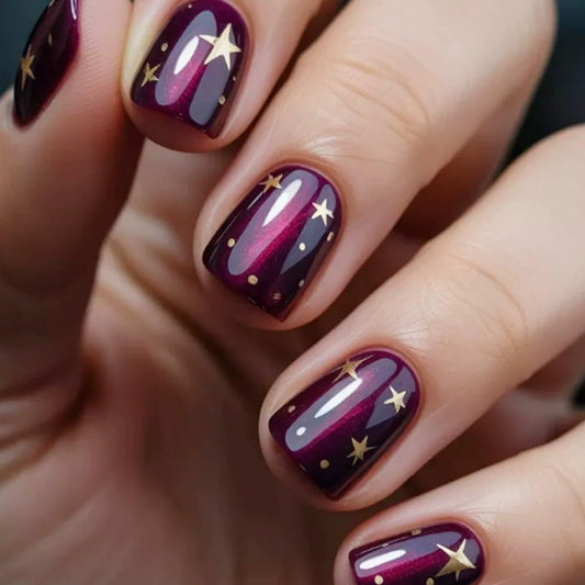 Short Square Press on Nails Fake Nails with Designs Glossy Purple Polka Dot Golden Star Pattern Acrylic Gel False Nail Kit Full Cover Reusable Artificial Stick on Nails for Women Manicure Decorations