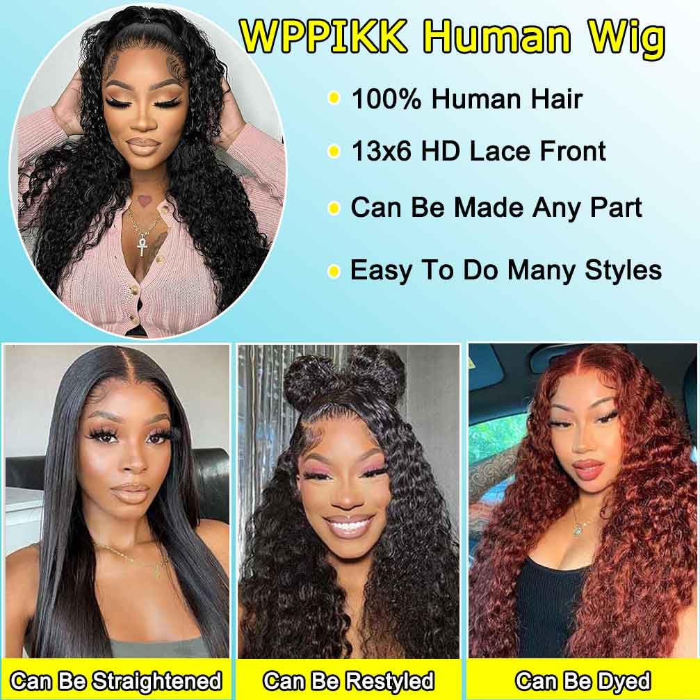 WPPIKK 13x6 Lace Front Wigs Human Hair Pre Plucked Wet and Wavy Human Hair Wigs for Black Women Deep Wave Wig 180 Density Curly Lace Frontal Wig (13x6 Lace Black Color, 32 Inch)