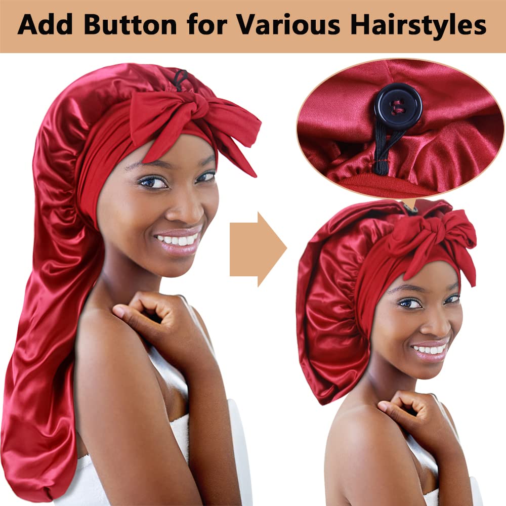 2pcs Long Satin Bonnets with Tie Band, Large Braid Bonnet Silky Hair Cap for Locs Women Sleeping, C
