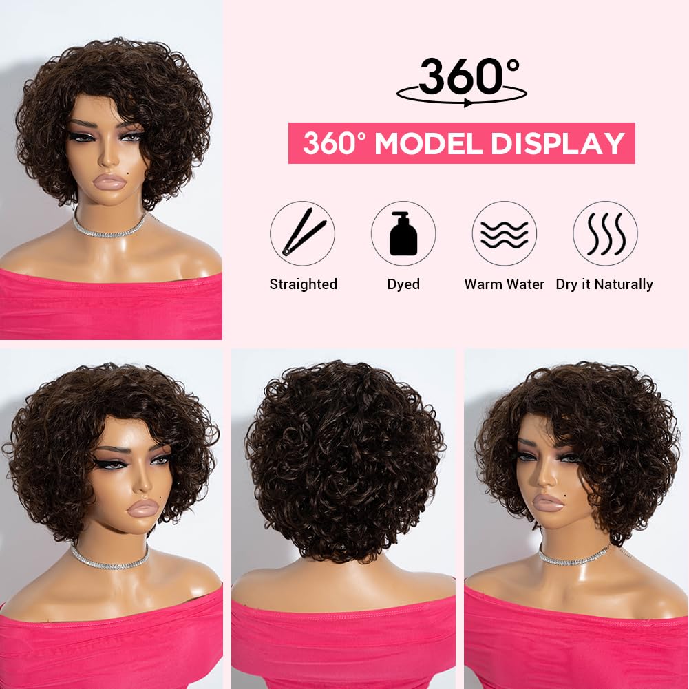 Rebecca Fashion Short Curly Human Hair Wigs for Black Women Side Part Cute Curly Bob Wig Brazilian Remy Non Lace Glueless Wigs Natural Looking Chocolate Brown Color