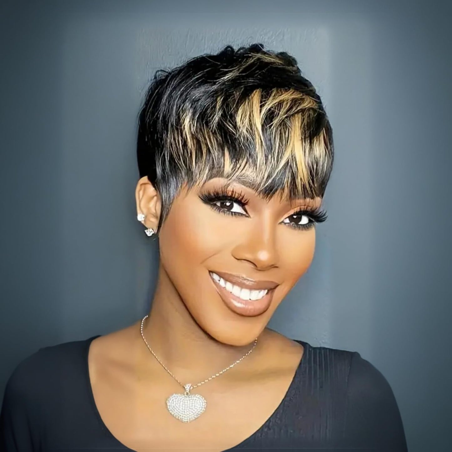 QiaQiaRing Pixie Cut Wigs For Black Women 1b/30 Daily Use Color Brazilian Virgin Remy Human Hair Short Layered Pixie Wigs with Bangs Glueless Wear and go Lightwight for Summer (1b/30)