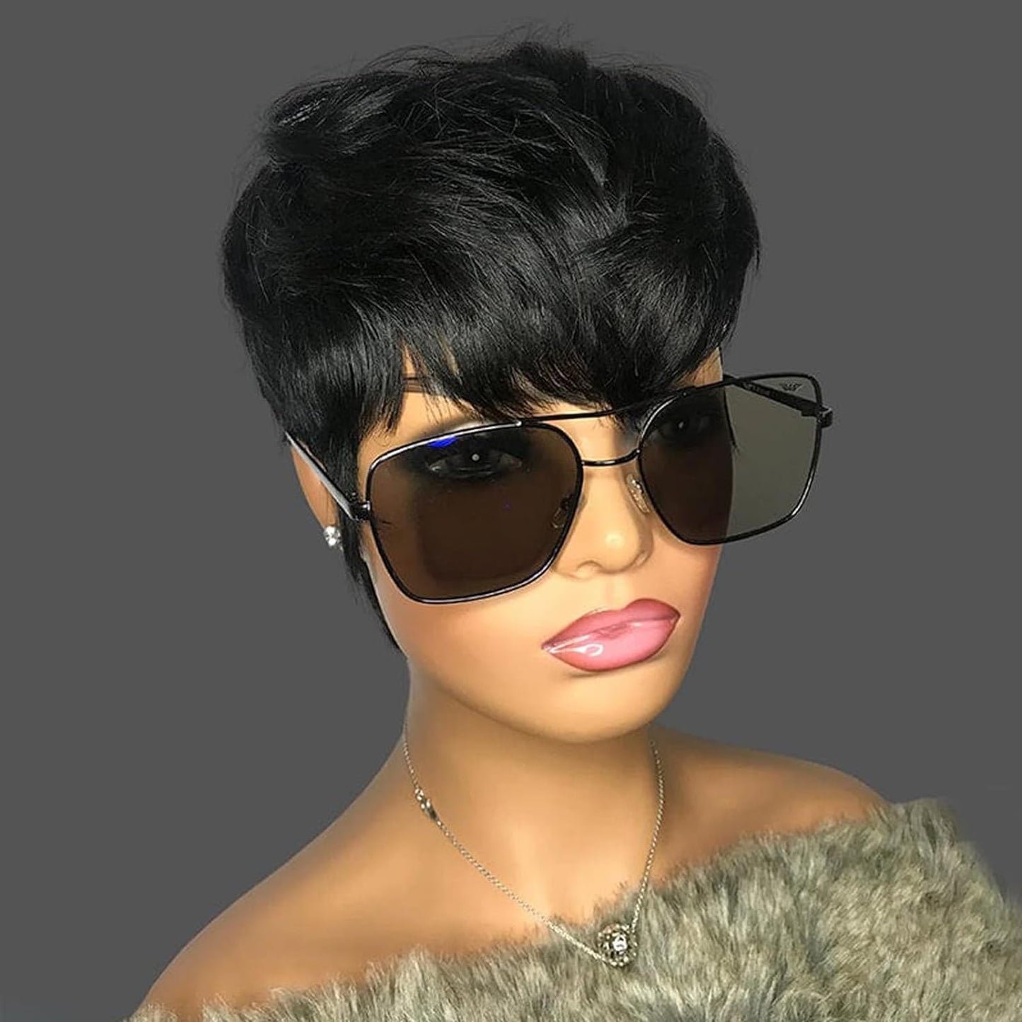QiaQiaRing Chic Elegent Pixie Cut Wigs for Black Women Natural Black Daily Use Color Glueless Short Layered Pixie Wigs With Bangs Brazilian Virgin Straight Human Hair (Black)