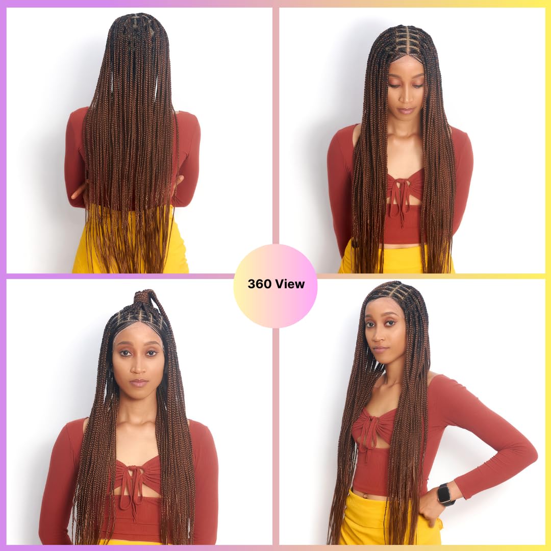 Wow Braids Box Braid Wig - Knotless Braided Wigs for Black women, with 360 glueless Full Swiss Lace Cap, & Human Baby Hair Frontal, Synthetic Long Neat African Handmade Braiding - 36 inch/Brown