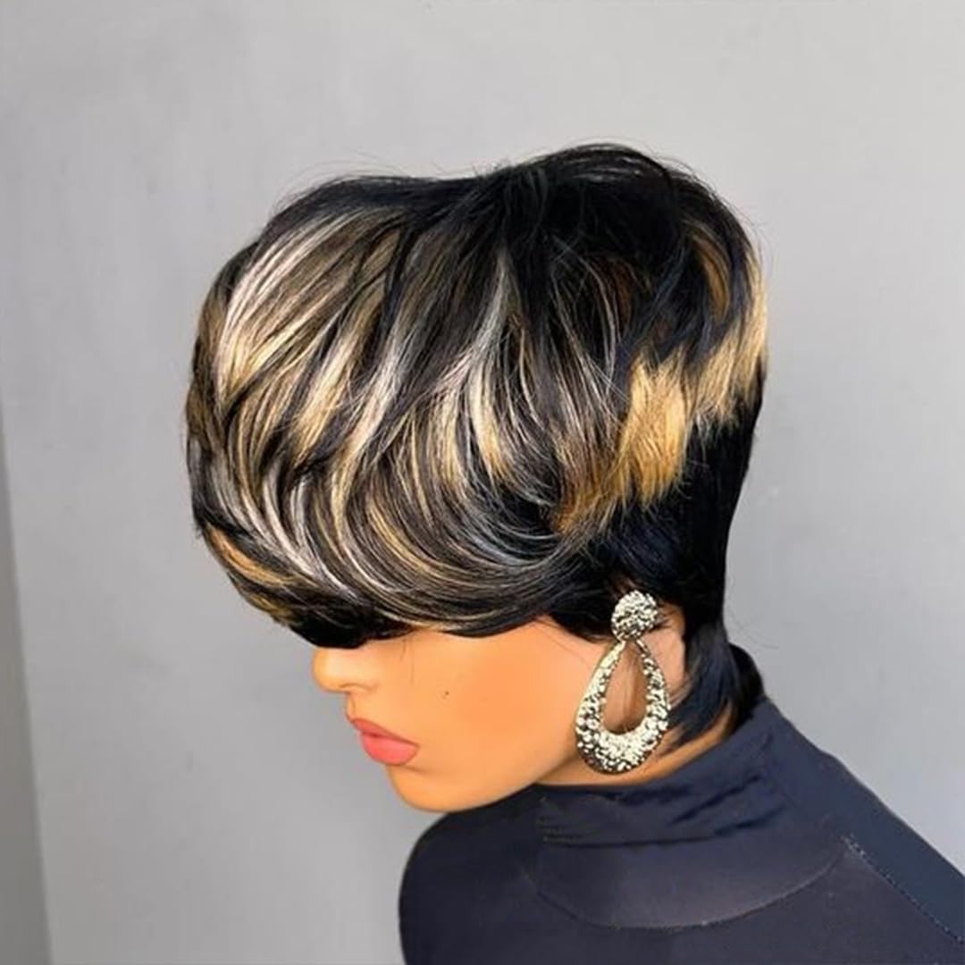 PurpleSexy Pixie Cut Wigs for Black Women Human Hair 1b/30/613 blonde Color Short Layered Pixie Cut Wig With Bangs for Women Daily Use Hair Glueless Full Machine Made Wig(1b/30/613)