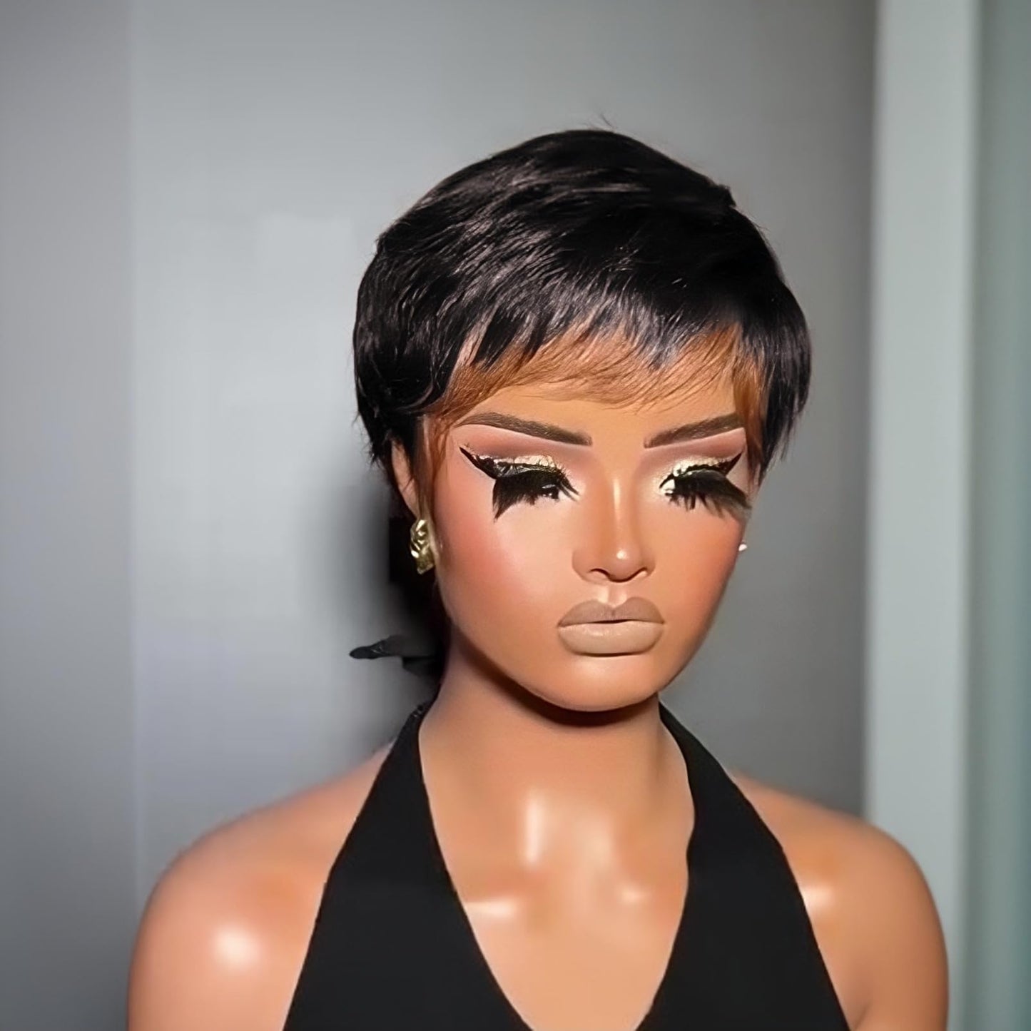 SAEIALL Short Pixie Cut Wig Human Hair for Black Women Black with Brown Layered Short Wig Brazilian Real Human Hair None Lace Frontal Glueless Wigs Easy to Wear Quick Get Up and Go Wigs