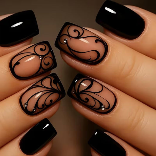 Black Press on Nails Short Square Fake Nails with Designs Black Vine Acrylic False Nail Kits Glossy Full Cover Spring Winter Glue on Nails with Rhinestone Artificial Stick on Nail for Women 24PCS