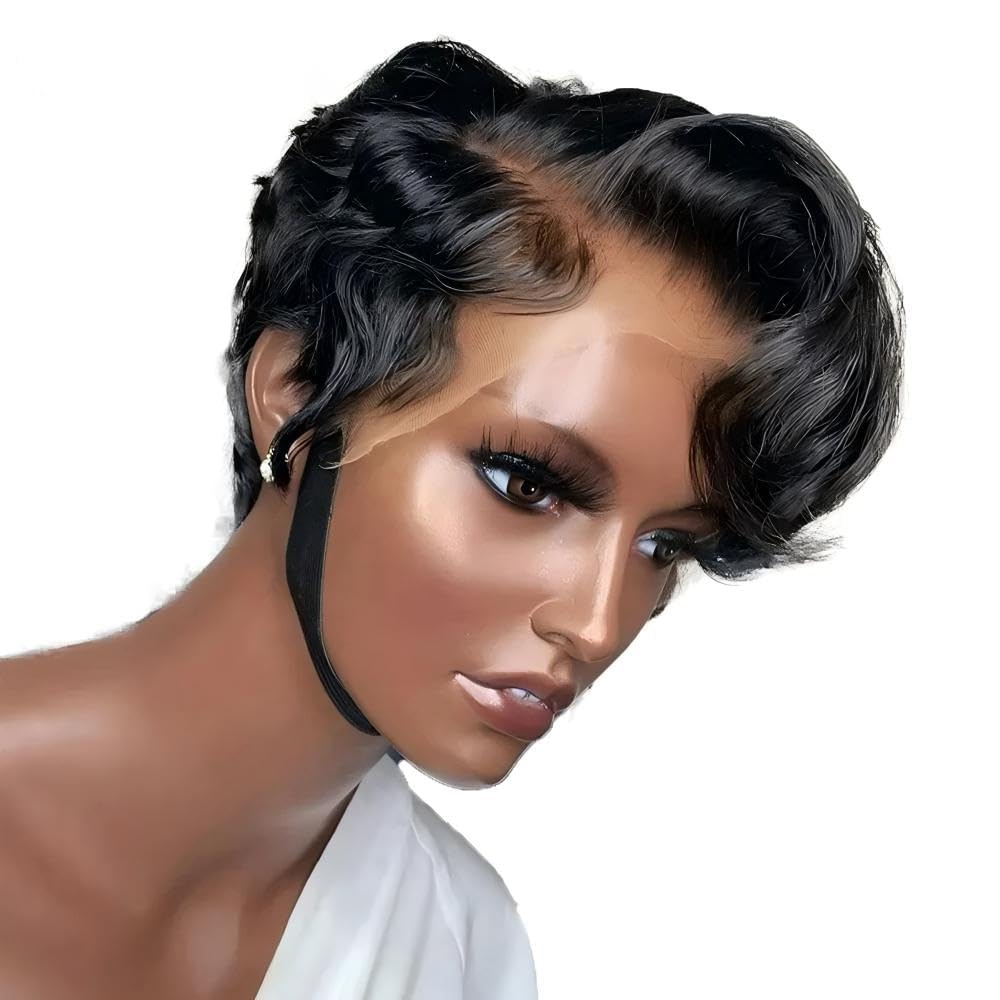YIAHNGDA Short Lace Front Wigs for Black Women Human Hair Pixie Cut Wig Pre Plucked T Part Lace Wig Bob Wig with Baby Hair 1B Color