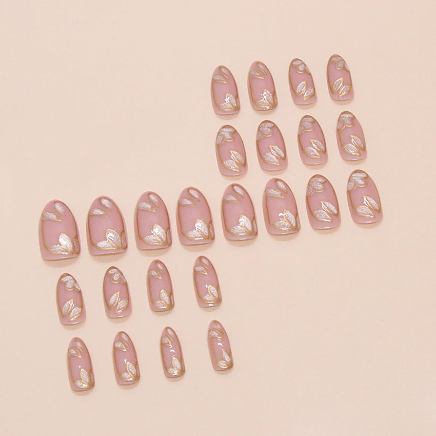 24 Pcs Nude Press on Nails Medium Almond Fake Nails with Glue Artificial Acrylic Nails Press ons with Golden Glitter Leaf Design Full Cover Reusable Stick on Nail for Women Girls Daily Wear