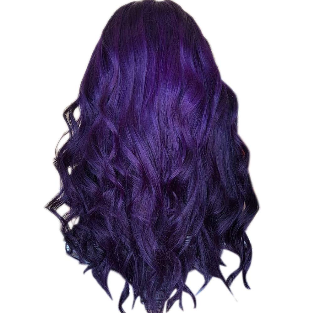 Long Wavy Synthetic Lace Front Wig Glueless Purple High Temperature Heat Resistant Fiber Hair Wigs For Women Female Long Curly Hair [ by Dolloress] (Purple,70cm)