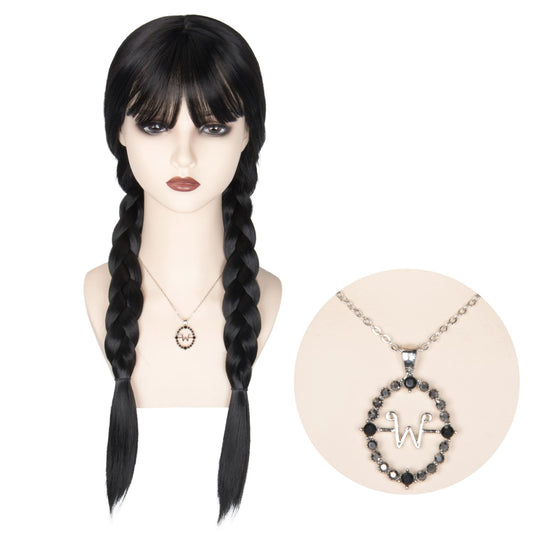 M MISS U HAIR Women Girls Long Black Braids Wig with Bangs Long Straight Pigtails Wig for Adult Costume Halloween Wig
