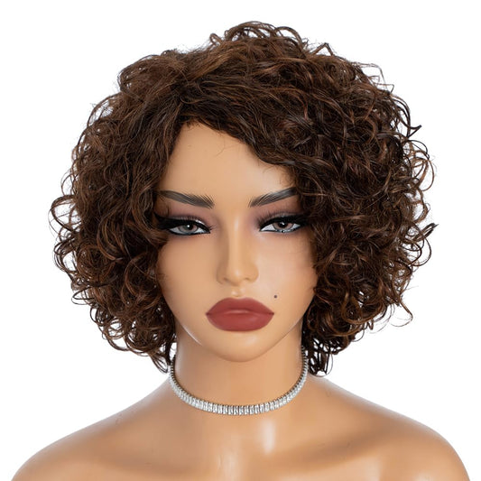 Rebecca Fashion Short Curly Human Hair Wigs for Black Women Cute Curly Bob Wig Side Part Non Lace Glueless Wigs Brazilian Remy Natural Looking Natural Looking Mixed Brown Color
