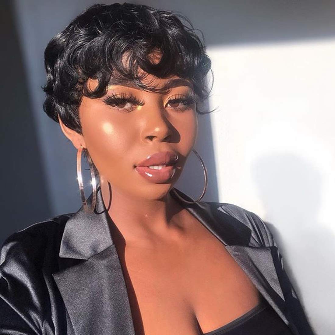 RUISENNA Short Human Hair Wigs Curly Pixie Cut Wigs for Women Glueless Remy Brazilian hair Wig Short Black Curly Wigs