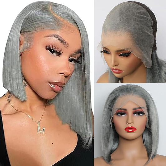 CYSDRH Grey Bob Wig Human Hair Full 13x6 HD Lace Front Wigs 180% Density Short Bob Wigs for Black Women Pre Plucked Pre Cut 12A Unprocessed Brazilian Virgin Human Hair Wigs - 12 Inch Grey Bob Wig