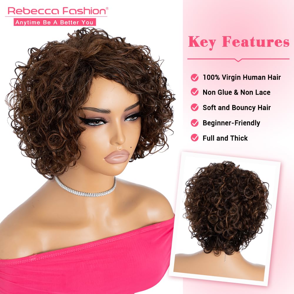 Rebecca Fashion Short Curly Human Hair Wigs for Black Women Cute Curly Bob Wig Side Part Non Lace Glueless Wigs Brazilian Remy Natural Looking Natural Looking Mixed Brown Color