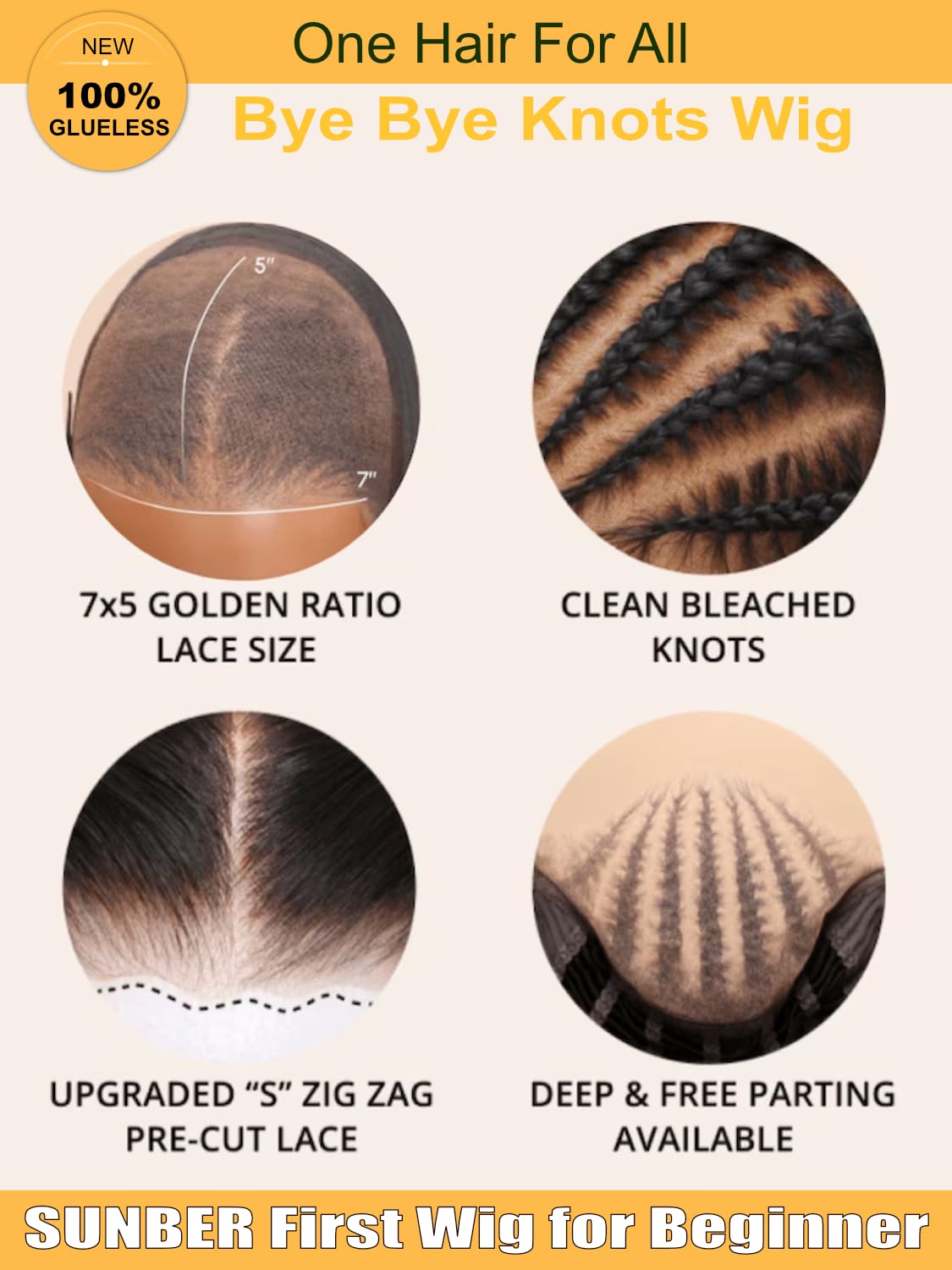 Sunber Bye Bye Knots Glueless 7x5 Lace Front Human Hair Wig Loose Wave Plucked Pre Cut Lace Invisible Knots Put On and Go Chestnut Brown Ombre Color Ready to Wear Wig 150% Density 14Inch