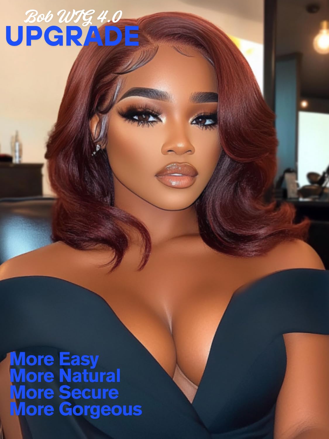 Nadula Bye Bye Knots Reddish Brown Short Body Wave Bob Drawstring Wig human Hair with Face Framing Layers Bangs, Glueless Pre Cut 7x5 HD Lace Front Wig Pre Plucked Ready to Wear Wavy Bob Wig 12inch