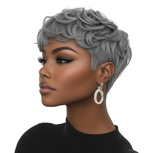 BOBCOO Pixie Cut Wig Short Wigs for Black Women Short Pixie cut Wigs for Black Women (Black Mixed With White)