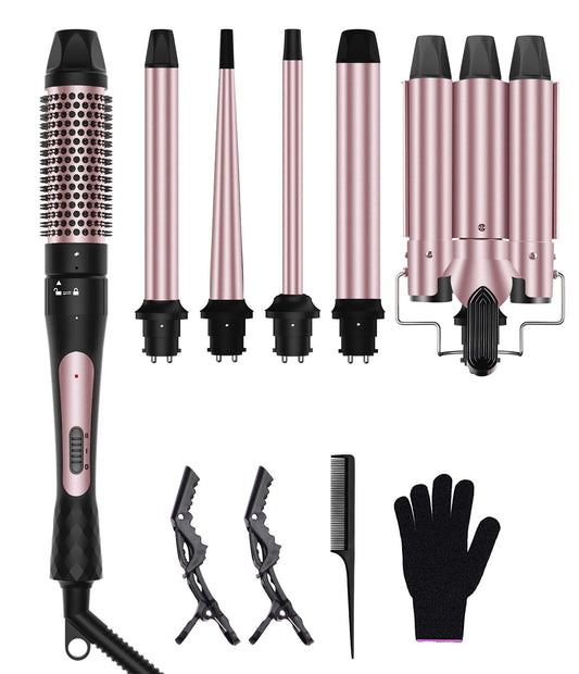 6 in 1 Curling Iron, 3 Barrel Curling Iron Set with Curling Brush (1.5inch) and 5 Interchangeable Ceramic Curling Wand(0.35"-1.25"), 2 Temp Heating Setting, Contain Comb & Protective Glove & 2 Clips