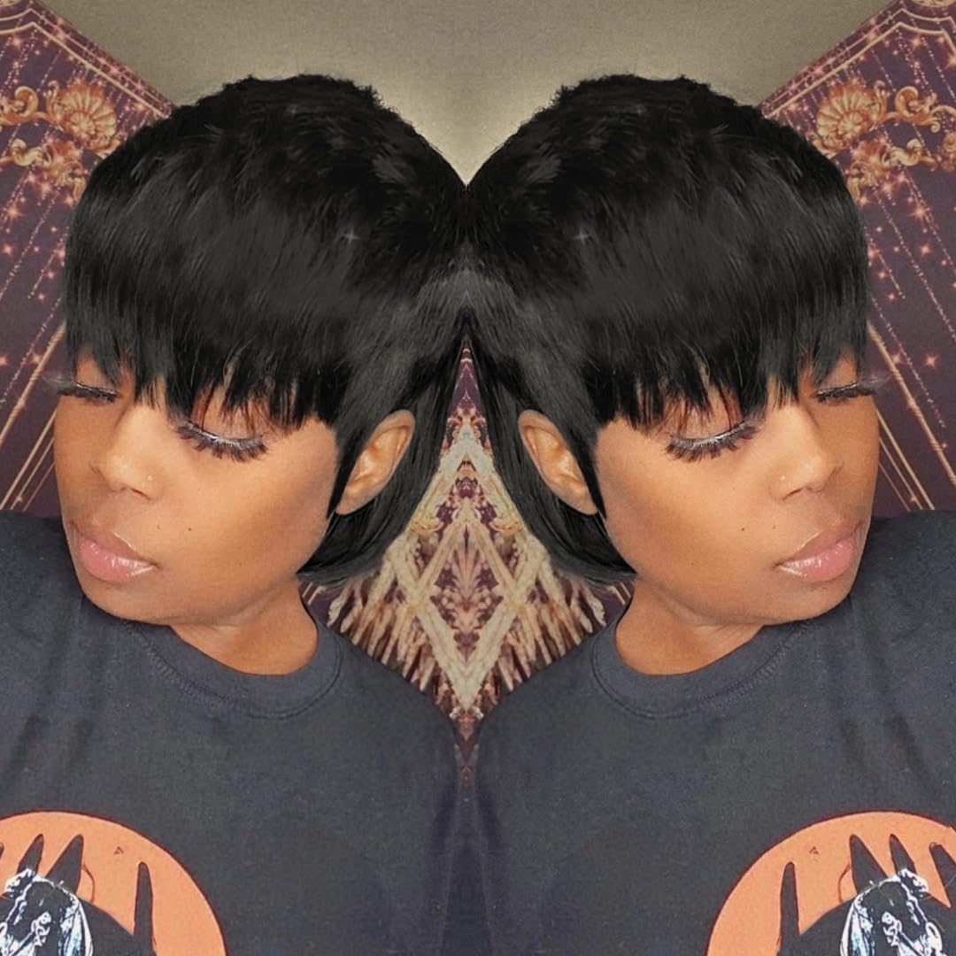 QiaQiaRing Mullet Human Hair Wigs for Black Women Mullet Short Layered Pixie Cut Bob Wigs With Bangs 8inch Natural Black Color Chic Elegent Glueless Brazilian Virgin Straight Human Hair