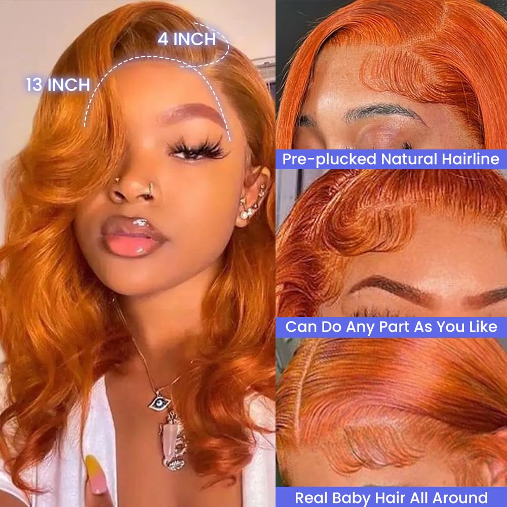 FASCARA Short Wig 350 Ginger Orange 14 Inch 13x4 HD Transparent Lace Front Wig with Baby Hair 180% Density Human Hair for Women
