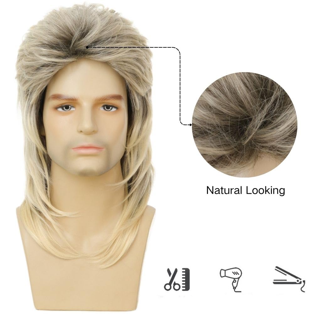 Swiking Mens Mullet Wig Blonde and Dark Foot Retro 70s 80s Disco Rocker Curly Punk Fancy Party Halloween Cosplay Costume Full Wigs (Black and Blonde)