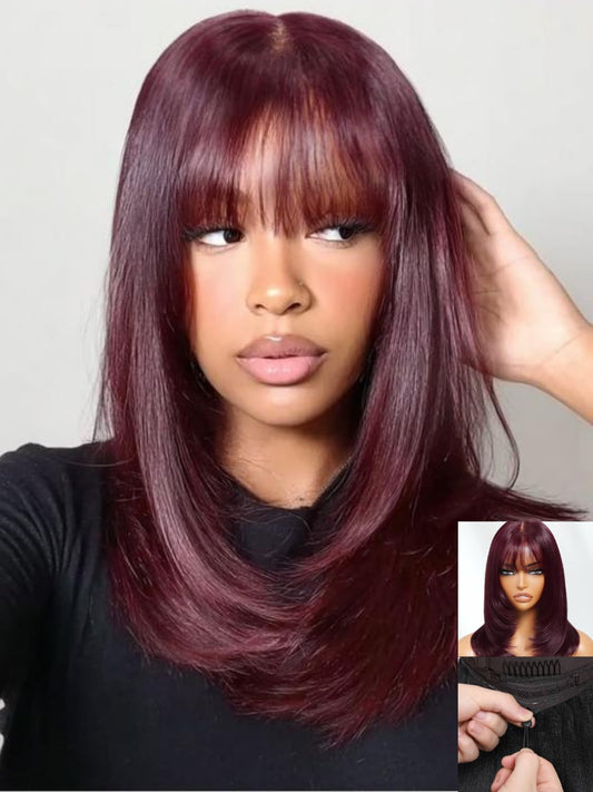 Nadula Purple Black Cherry Short Bob Layered Straight Drawstring Wig Human Hair with Wispy Bangs,Bye Bye Knots 7x5 Lace Closure Glueless Bob Wigs Pre Plucked Pre Cut Read to Wear Deep Wine Red 12inch