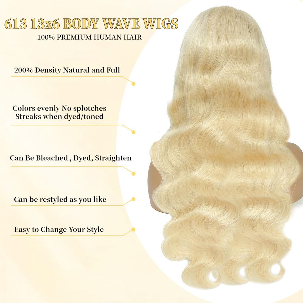 Femca 36 Inch 613 13x6 Lace Front Wig Human Hair Blonde Wig Human Hair 200 Density 613 Transparent Body Wave Lace Front Wigs Human Hair Minimal Shedding Longer Life No Tangle