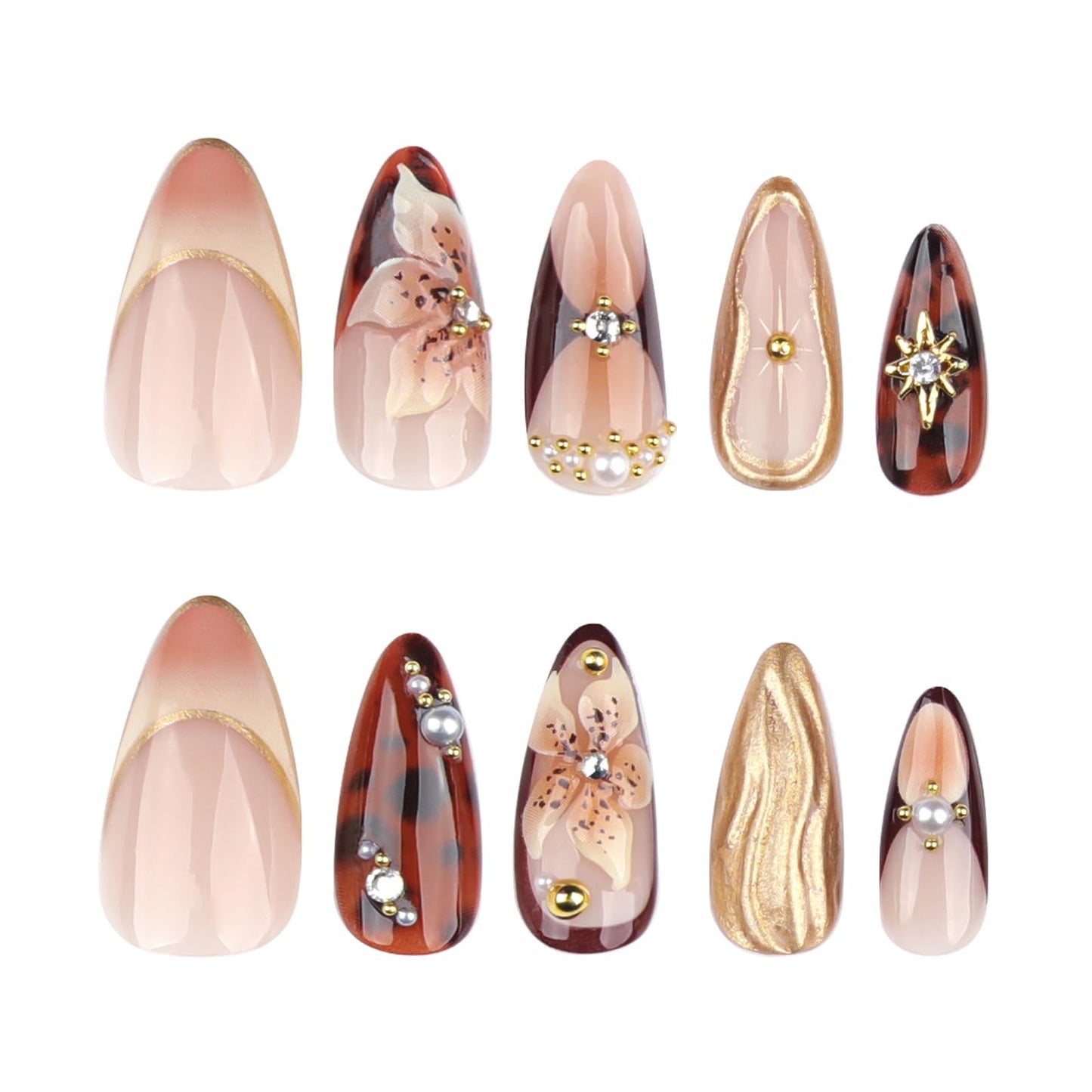 24Pcs Handmade Almond Press on Nails Medium Fake Nails with 3D Flower Rhinestones Design French Tip Almond False Nail Artificial Acrylic Nails Press ons Full Cover Flower Stick on Nails for Women