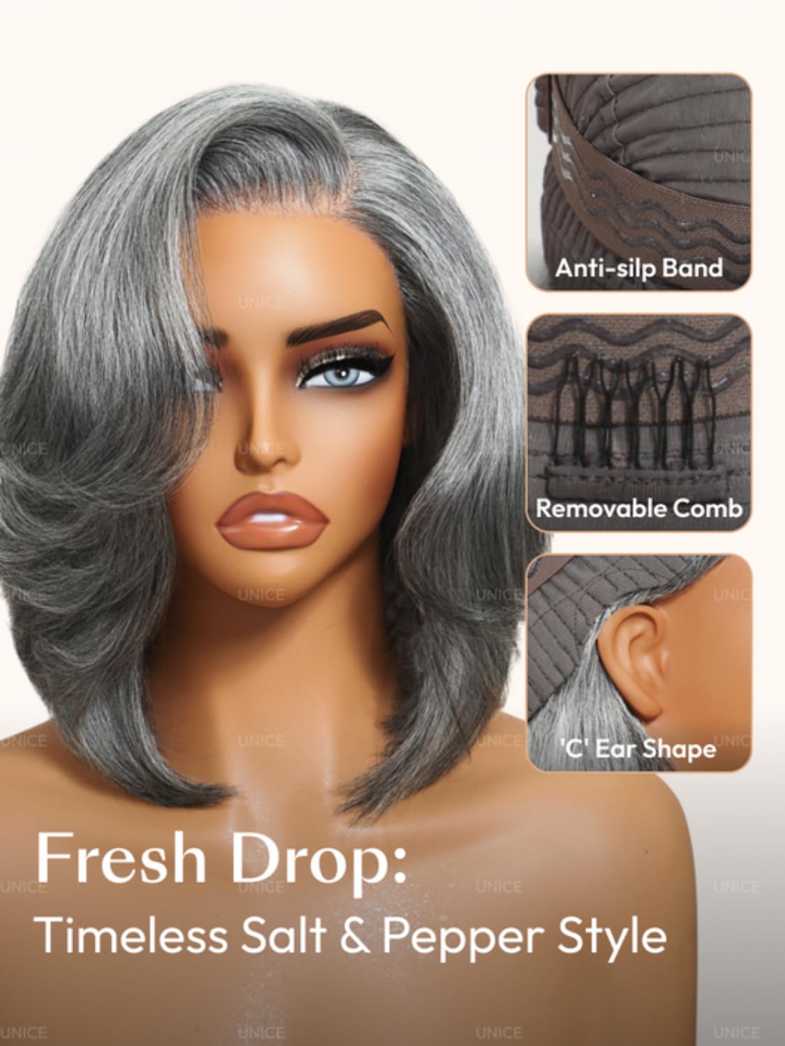 Nadula 8inch Short Salt and Pepper Glueless Side Part Grey Wig Human Hair with Blowout Face Framing Layers, 6x1.5 T Part Lace Closure Wig Pre Plucked Bleached Knots Ready to Go Short Wavy Bob Wig