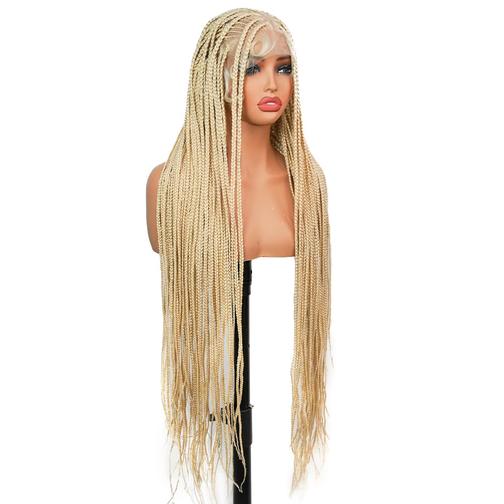 SUPERNOVA Blonde Full Lace Boho Braided Wig 613# Colored Synthetic Hair Box Braids Wig With Baby Hair Special Top Design Transparent Lace Long Highlight Knotless Braided Wigs For Black Women 36 Inch