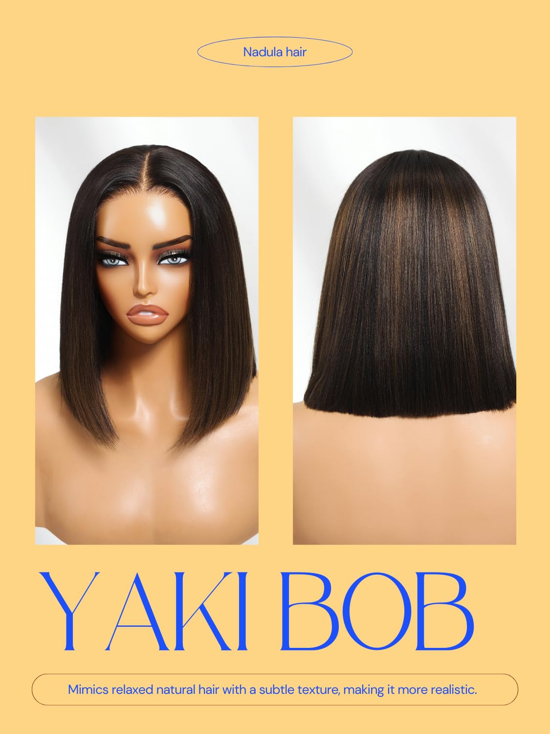 Nadula Balayage Ombre Brown Yaki Straight Bob Drawstring Wig Human Hair Pre Plucked,Pre Cut Glueless 7x5 HD Bye Bye Knots Ready to Wear Short Yaki Bob Wig with Chestnut Brown Highlight 14inch