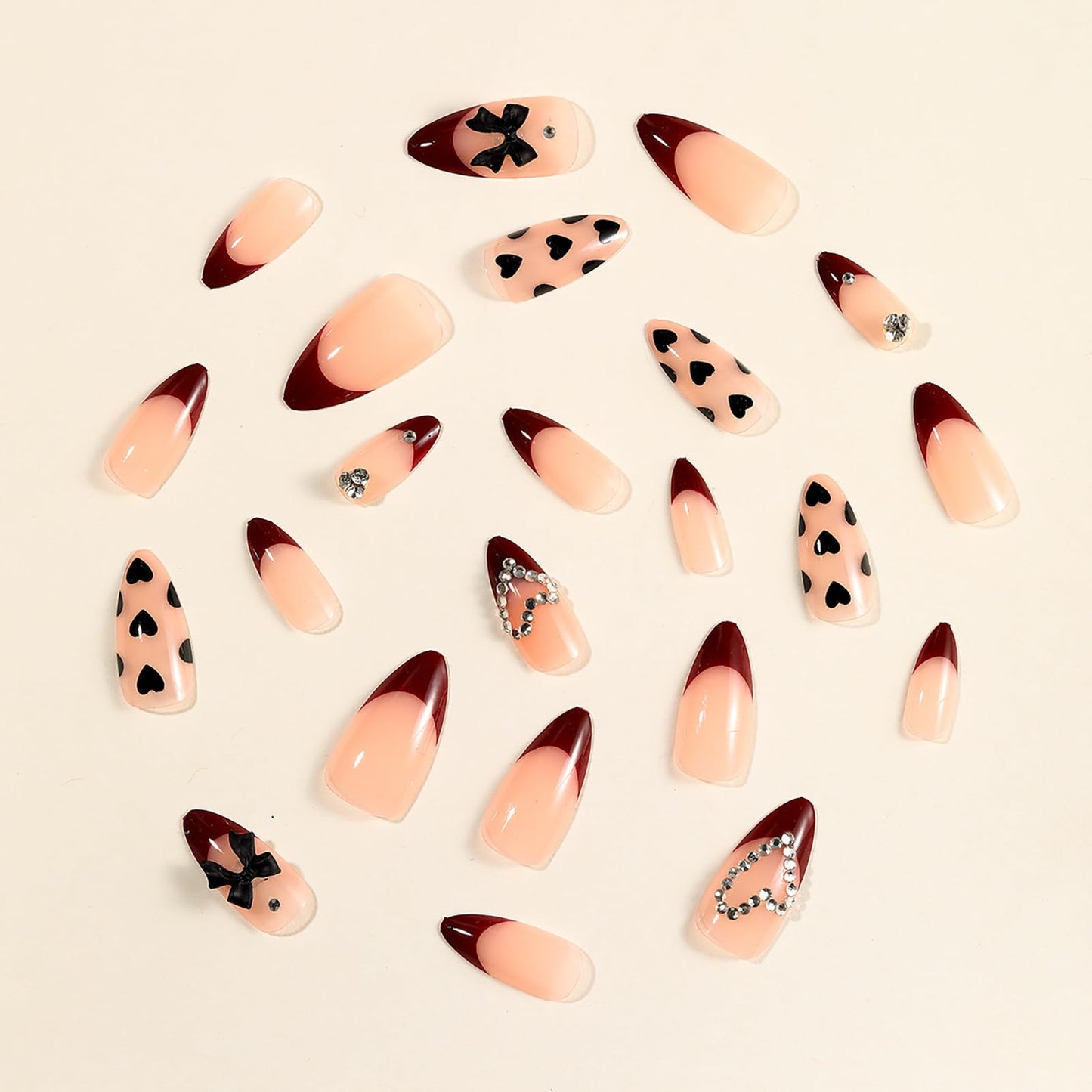 24Pcs Valentines Almond Press on Nails Short Medium Fake Nails French Tip False Nails with 3D Rhinestone Bow Design Handmade Acrylic Nails Press ons Artificial Stick on Nail for Women Cute Heart Nail