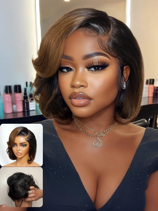 Nadula Glueless Bye Bye Knots Short Bob Drawstring Wig human Hair with Blow Out Bangs, Black to Chestnut Brown Ombre Pre Cut 7X5 HD Lace Front Wigs Pre Plucked Bleached Knots Ready to Wear 10inch