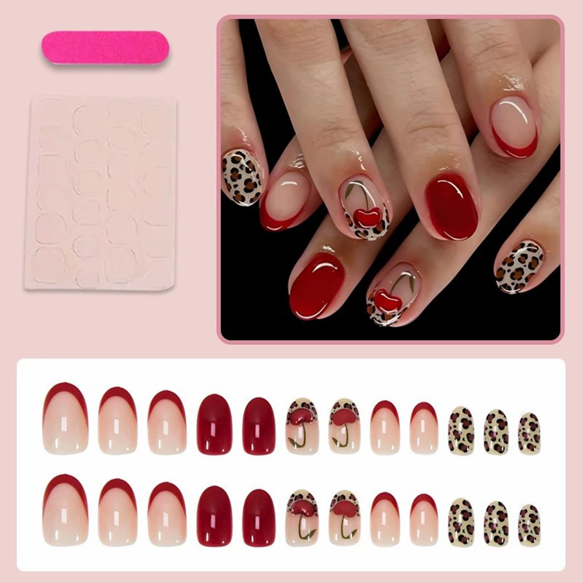 Short Press on Nails Oval Fake Nails with Cherry Leopard Print Design Glossy Red Acrylic Gel False Nails Kits Red French Tip Nails Spring Summer Reusable Artificial Stick on Nails for Women 24PCS
