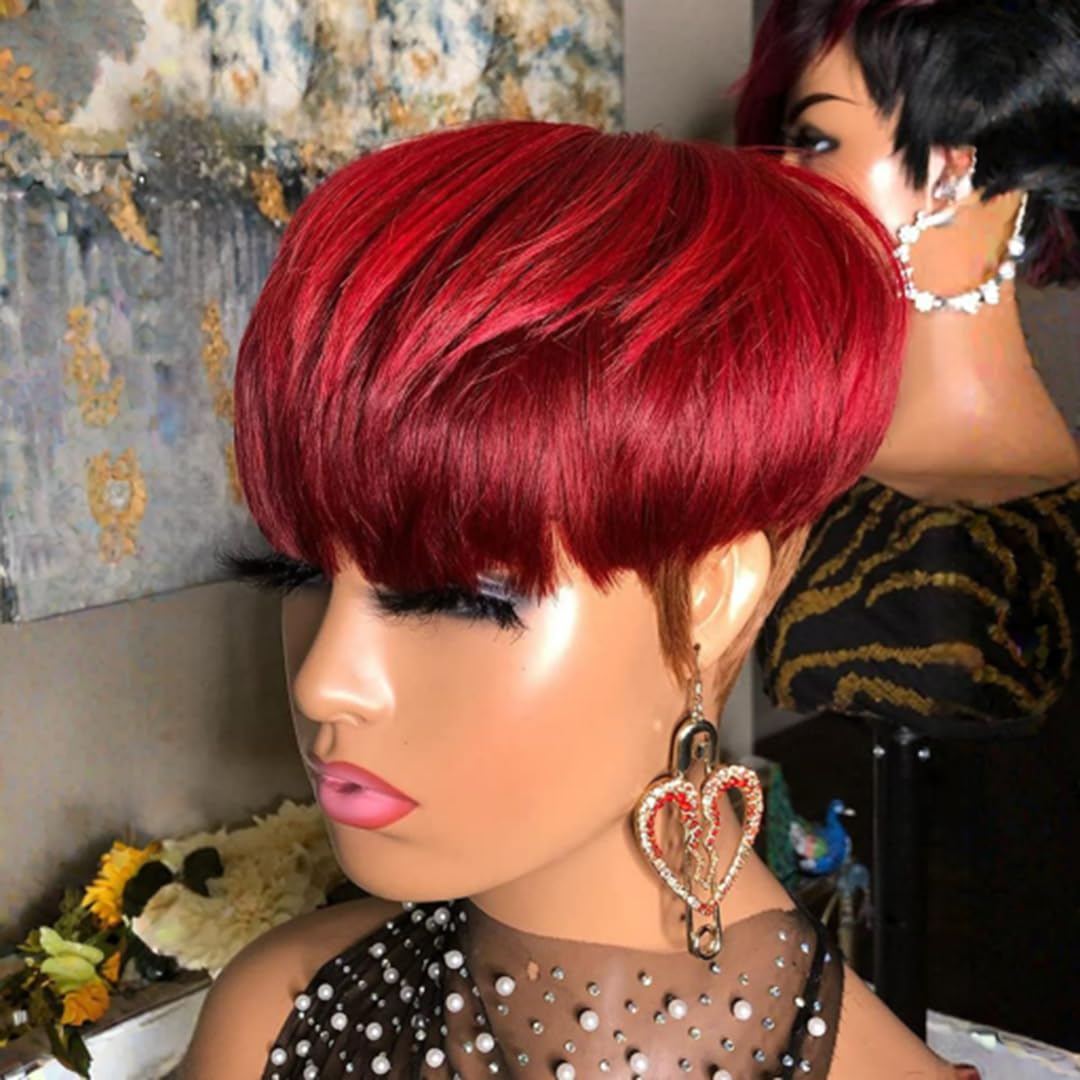 PurpleSexy Short Layered Pixie Cut Human Hair Wigs With Bangs Pixie Cut Wigs for Black Women 30/BG Daily Use Color Chic Elegent Brazilian Virgin Straight Human Hair Wigs (30/bg)