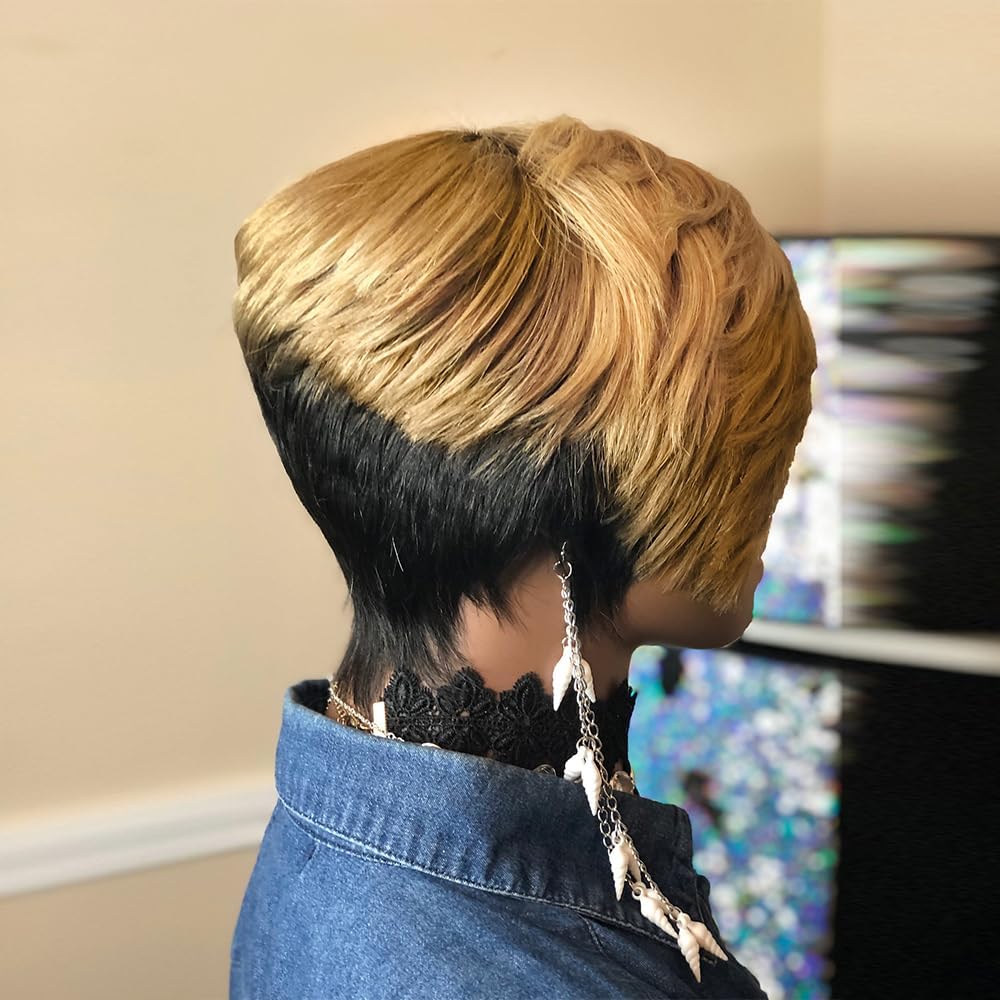 HOTKIS Short Human Hair Wigs for Black Women Short Blonde Bob Pixie Cut Wig Human Hair Short Wigs Human Hair Natural Straight Pixie Wig with Bangs Ombre Blond 1b/27# 8inch