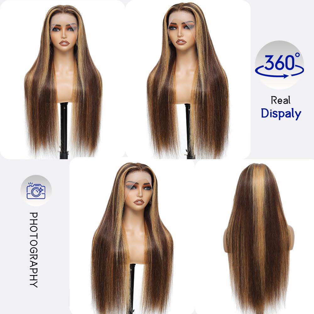 WOOMN 32 Inch Ombre Lace Front Wig Human Hair 13x6 HD Lace Frontal Straight Wigs Human Hair Pre Plucked 200 Density 4/27 Brown Highlight Wigs Colored Longer Life No Tangle No Shedding