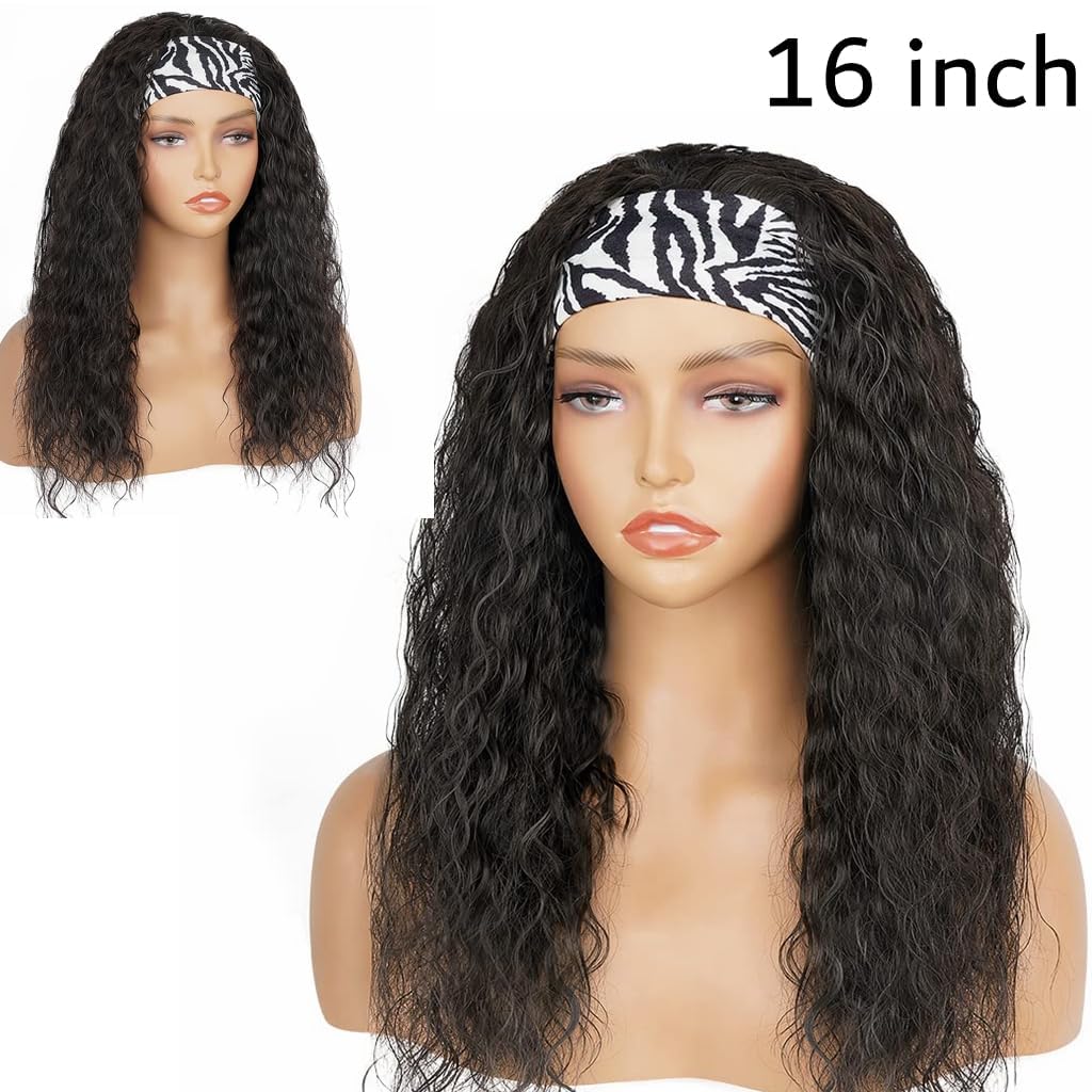 Curly Headband Wig, Beginner Friendly Wear and Go Glueless Wig with Headband Attached, Heat-resistant Soft Synthetic Hair As Human Hair, Water Wave Half Wigs for Black Women (Natural Black, 18 Inch)