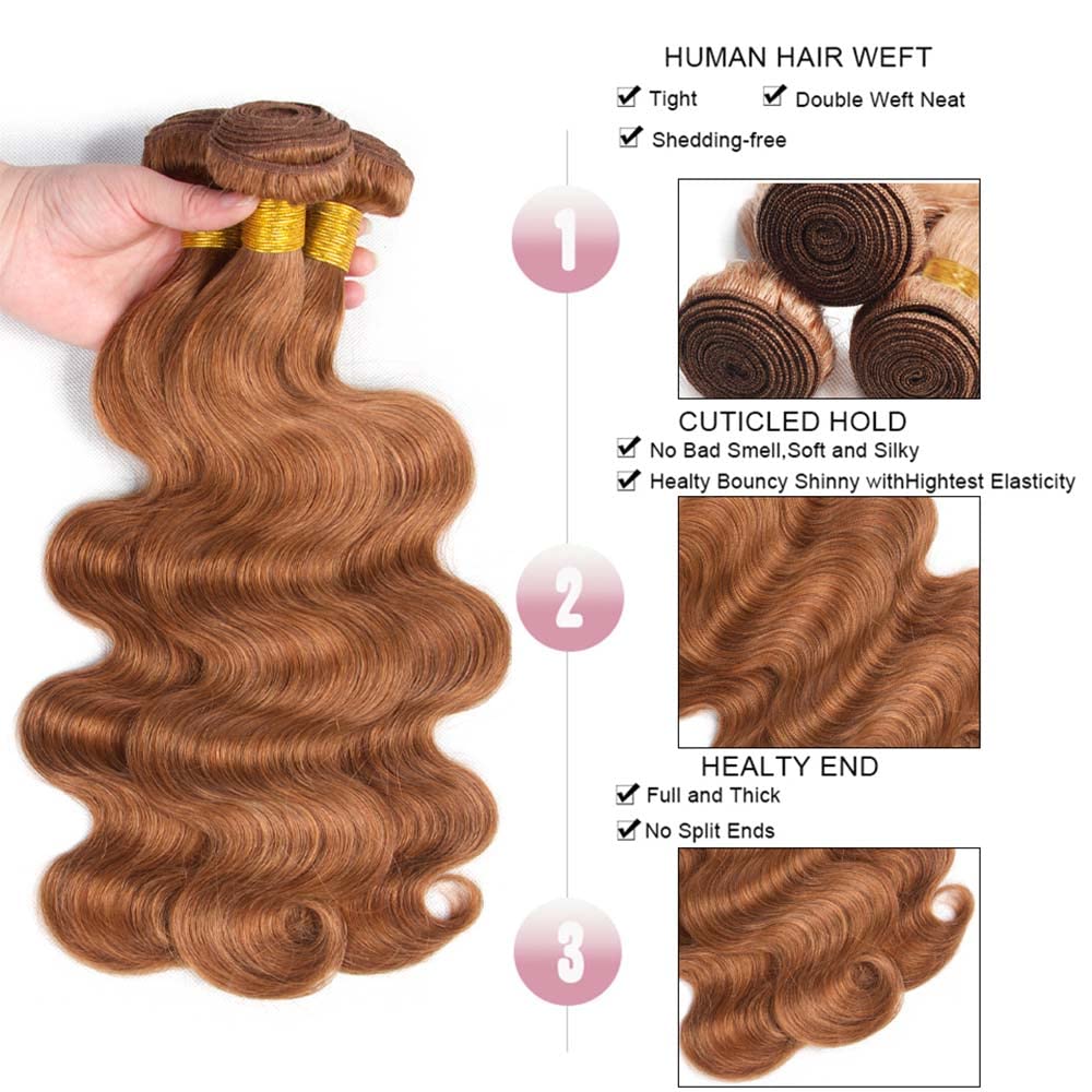 Brown Human Hair Bundle Color 30 Brown Body Wave Human Hair Bundles Real Unprocessed Human Hair 3 Bundles For Women Light Brown Body Wave Bundles Wet and Wavy Weave Bundles 8 10 12 inch