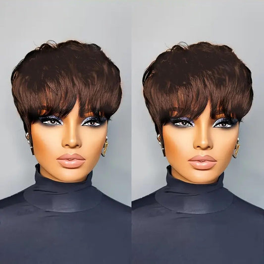 QiaQiaRing Chic Elegent 10A Pixie Cut Wigs for Black Women 4# Brown Color for Daily Use Short Layered Pixie Cut Human Hair Wigs With Bangs Brazilian Virgin Straight Human Hair (4#brown)
