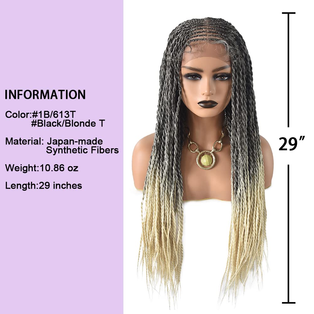 Knotless Cornrow Braided Wig For Black Women Soft Lace Micro Braiding Wig Baby Hair Box Braids Wigs Light Weight Curly Synthetic Braid Wig For Women (#1B/613T-#Black/BlondeT)