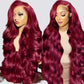 QZOQZO 99J Burgundy Lace Front Wigs Human Hair 13x6 HD Transparent Body Wave Lace Front Wigs Pre Plucked 99j Burgundy Red Wine Glueless Human Hair Wigs for Women Reddish Brown 180% Density 34 Inch