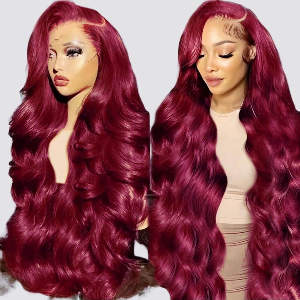 QZOQZO 99J Burgundy Lace Front Wigs Human Hair 13x6 HD Transparent Body Wave Lace Front Wigs Pre Plucked 99j Burgundy Red Wine Glueless Human Hair Wigs for Women Reddish Brown 180% Density 34 Inch