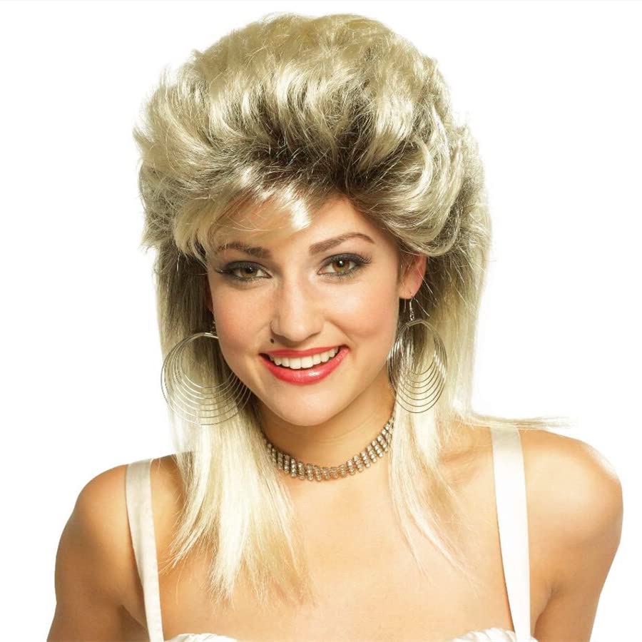 Swiking Mullet Wigs for Women Blonde Curly Soft Heat Resistant Shoulder Length Hair 80s Rocker Cosplay Halloween Dark Roots Synthetic Wigs (Blonde Mix Black)