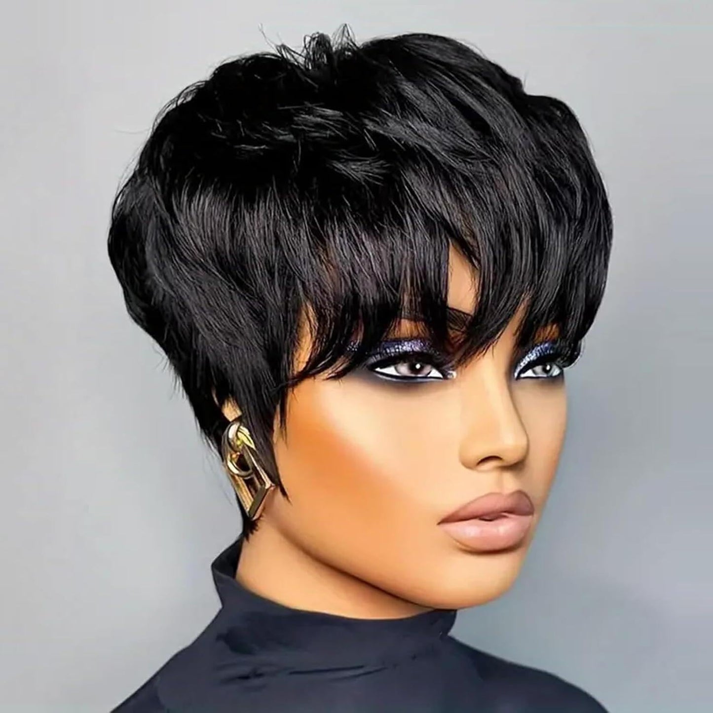 QiaQiaRing Chic Elegent Pixie Cut Wigs for Black Women Natural 1B Color Short Layered Pixie Cut Human Hair Wigs For Women Glueless Brazilian Virgin Human Hair (natural black)